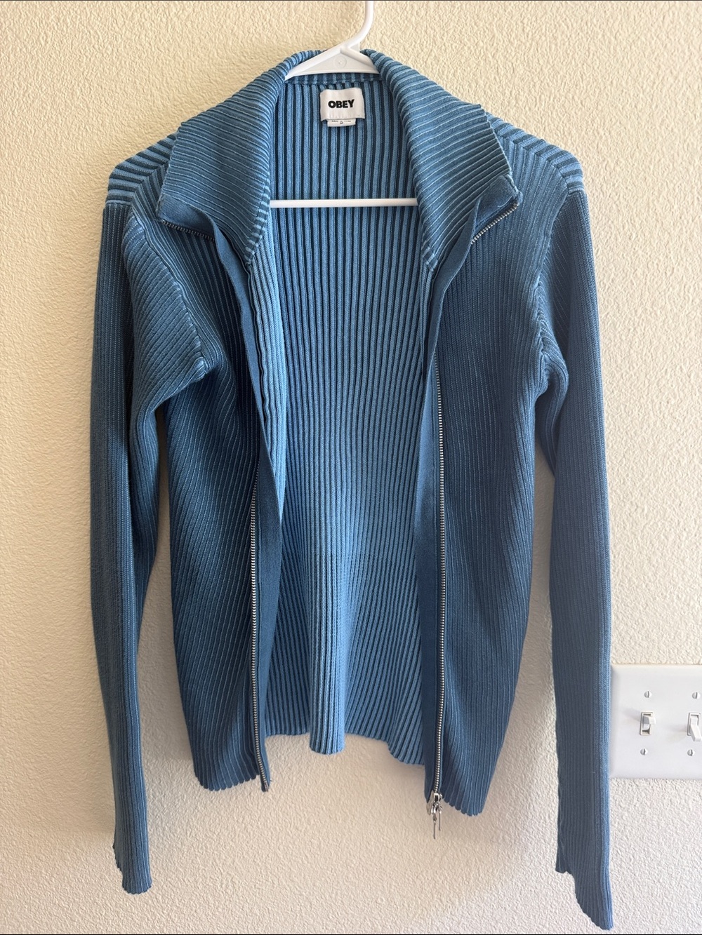 Obey Ribbed Zip Cardigan - Teal Blue